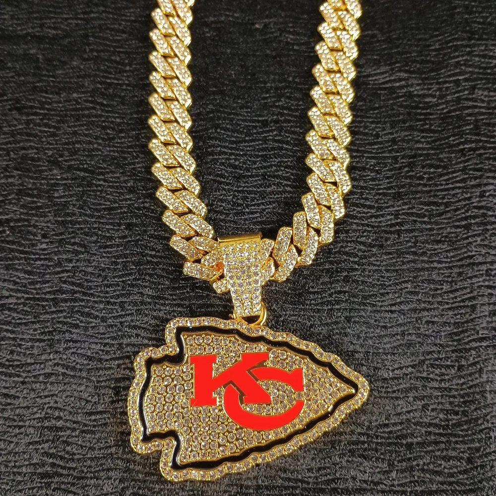 NFL Kansas City Chiefs 20inch Necklace Pendant Cuban Chain Link Football Jewelry - Picture 4 of 6
